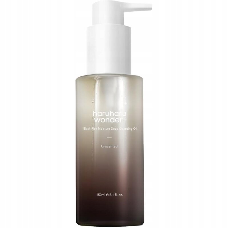 Butelka z pompką zawierająca olejek do demakijażu Haruharu Wonder Black Rice Moisture Deep Cleansing Oil. Na etykiecie widnieje napis: \'haruharu wonder Black Rice Moisture Deep Cleansing Oil Unscented 150ml e 5.1 fl. oz.\'.