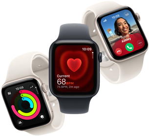 Trzy smartwatche z różnymi wyświetlaczami: jeden pokazuje wykres aktywności, drugi puls 68 BPM, a trzeci połączenie wideo z osobą o imieniu Ashley. Na zegarkach widoczna jest godzina 10:09.