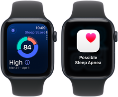 Dwa smartwatche z wyświetlonymi ekranami. Na jednym ekranie widoczny jest napis \'Sleep Score 84 High Mar 31 - Apr 1\', a na drugim \'Possible Sleep Apnea\'.