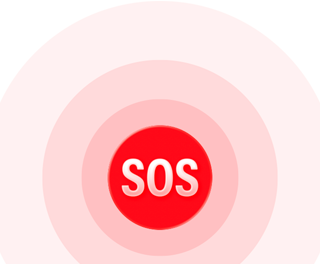 Czerwony przycisk z białym napisem \'SOS\' na różowym tle.