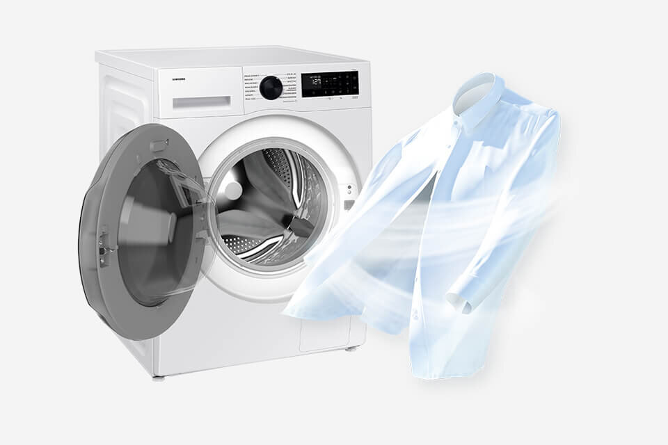 pralko-suszarka wd90dg5b15beeo funkcja air wash, czyli odświeżanie ubrań za pomocą gorącego powietrza Na obrazie widoczna jest biała pralko-suszarka z otwartymi drzwiami oraz unosząca się koszula, co sugeruje funkcję suszenia. Na panelu sterowania znajduje się logo \'SAMSUNG\'.