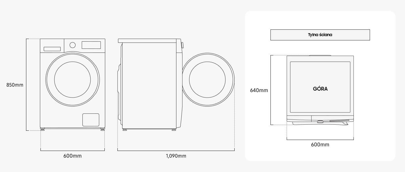 wd11dg5b15beeo wymiary pralko-suszarki Schematyczny rysunek pralko-suszarki z wymiarami: wysokość 850mm, szerokość 600mm, głębokość 1090mm. Widok z góry pokazuje napis \'GÓRA\' i wymiar 640mm, z oznaczeniem \'Tylna ściana\'.