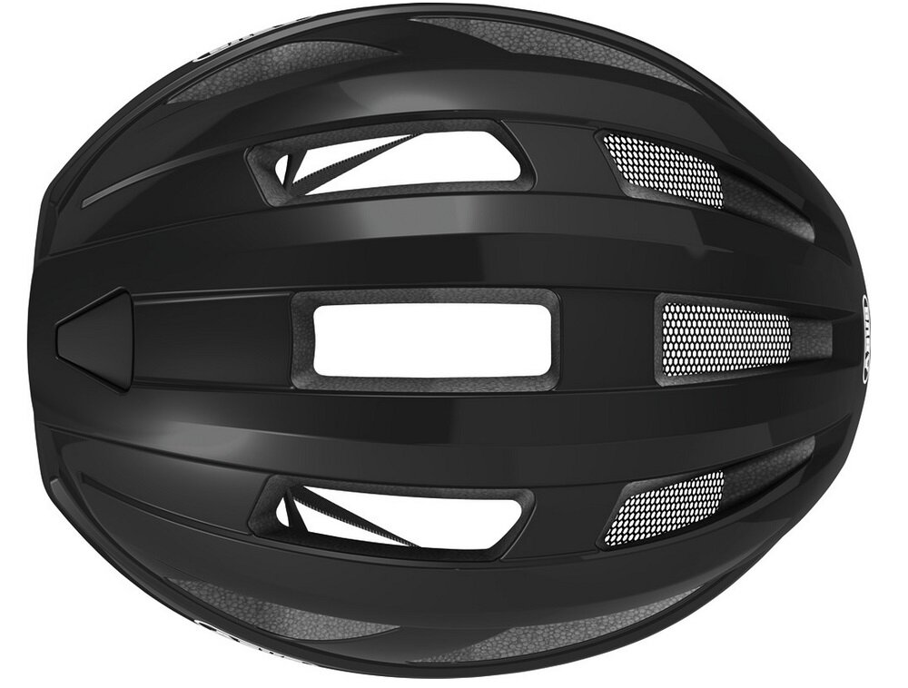 Czarny kask rowerowy z kilkoma otworami wentylacyjnymi i siatką ochronną. Na boku widoczne jest logo \'ABUS\'.