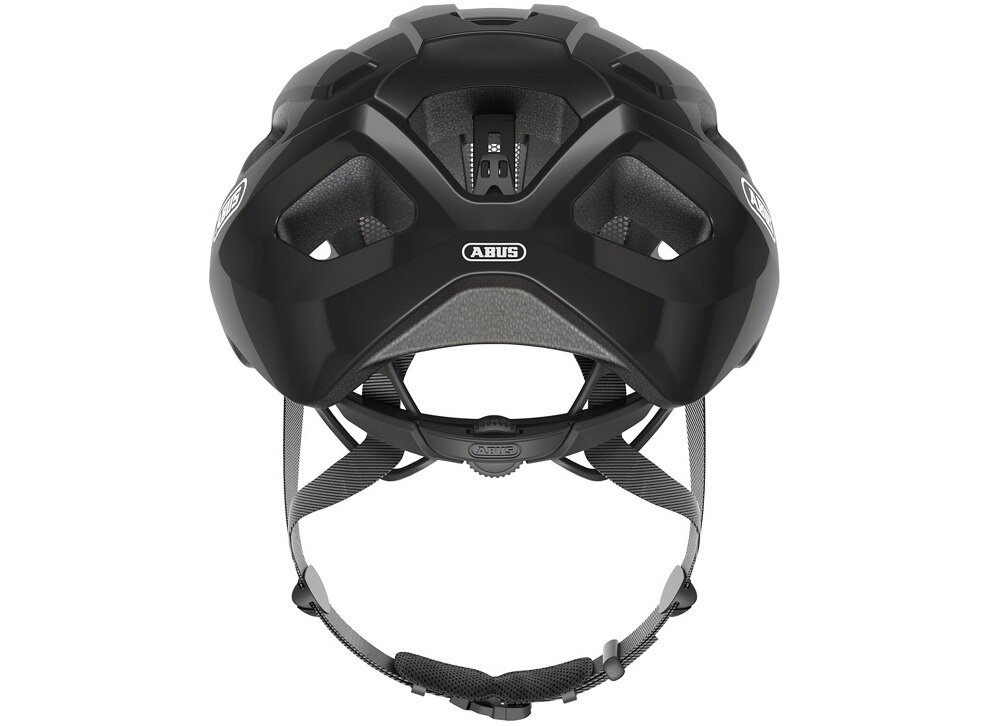 Czarny kask rowerowy z widocznym logo \'ABUS\' na tylnej części. Kask ma kilka otworów wentylacyjnych i regulowany pasek pod brodą.