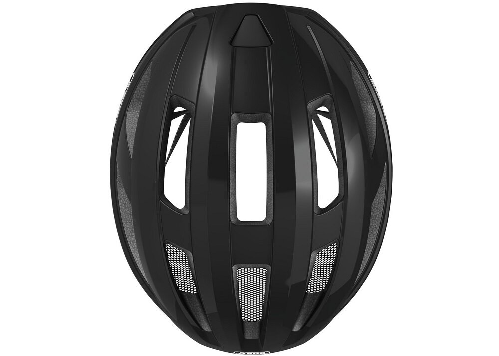Czarny kask rowerowy z kilkoma otworami wentylacyjnymi i siatką ochronną. Na dolnej krawędzi widoczny jest napis \'ABUS\'.