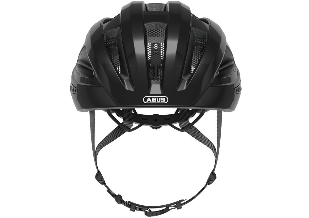 Czarny kask rowerowy z widocznym logo \'ABUS\' na przodzie. Kask ma otwory wentylacyjne i regulowane paski pod brodą.