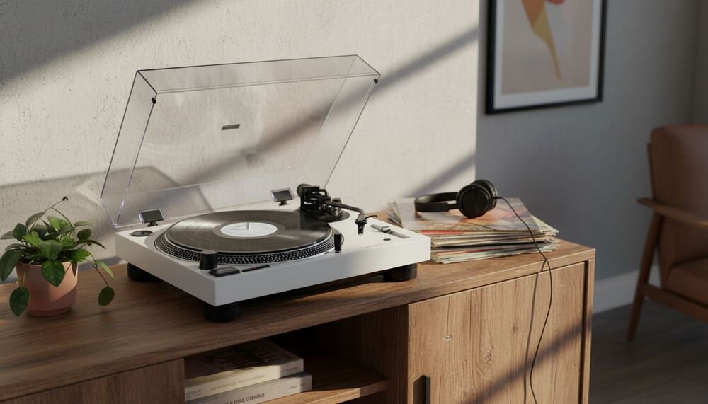 Gramofon AUDIO-TECHNICA AT-LP120XBT z silnikiem serwo DC, napędem bezpośrednim i ręcznym sterowaniem, gramofon na komodzie