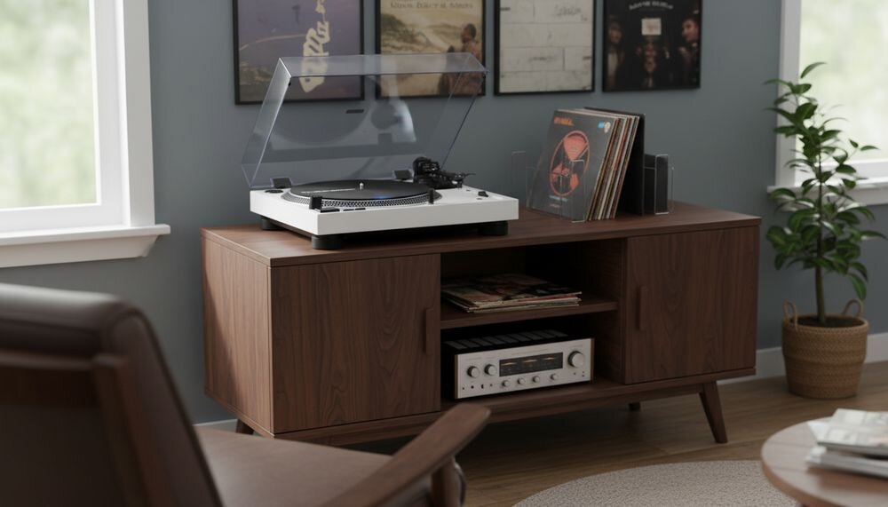 Gramofon AUDIO-TECHNICA AT-LP120XBT z trzema prędkościami 33 1/3, 45 i 78 RPM oraz regulacją pitch ±10%, gramofon na komodzie