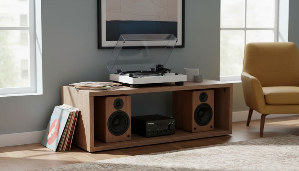 Gramofon AUDIO-TECHNICA AT-LP120XBT z wyjściem RCA, wbudowanym przełączanym przedwzmacniaczem i kablem audio, gramofon na komodzie