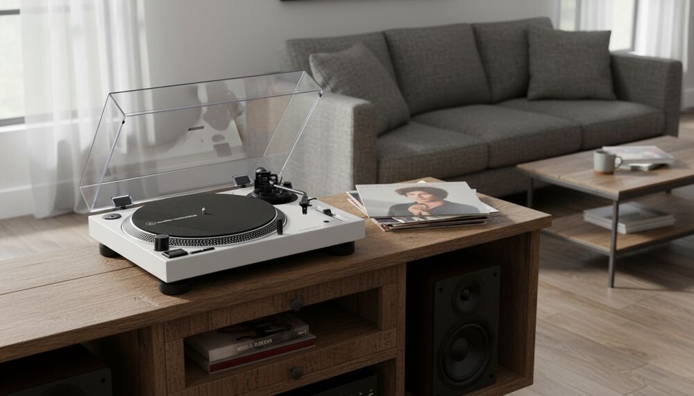 Gramofon AUDIO-TECHNICA AT-LP120XBT z ramieniem S, główką AT-HS6 i wymienną wkładką MM AT-VM95E, gramofon na komodzie