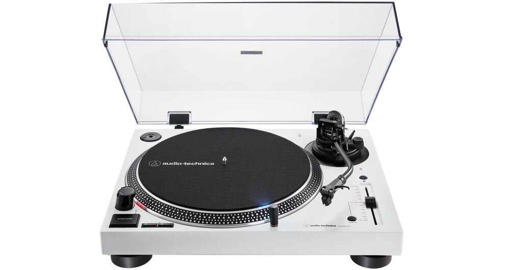 Gramofon AUDIO-TECHNICA AT-LP120XBT z aluminiowym talerzem, matą filcową, lampką igły, osłoną przeciwkurzową i funkcją autostop, gramofon na białym tle
