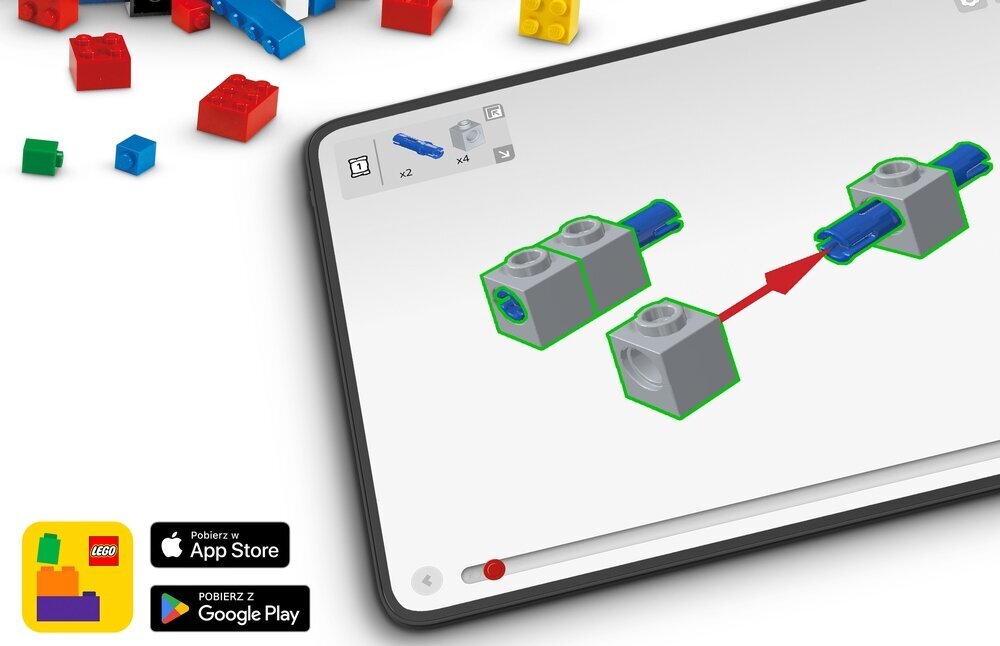 Obraz przedstawia tablet z instrukcją montażu klocków LEGO, obok którego leżą różnokolorowe klocki. W lewym dolnym rogu widoczne są ikony LEGO, App Store i Google Play.