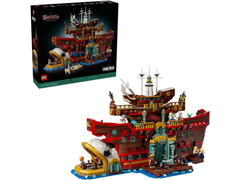 Zestaw LEGO przedstawiający pływającą restaurację Baratie z serii One Piece, z widocznymi szczegółami konstrukcji i minifigurkami. W tle pudełko z grafiką zestawu i logo LEGO oraz One Piece.