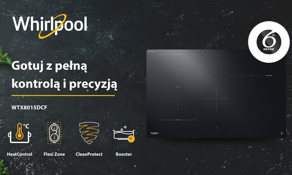 Obraz przedstawia płytę indukcyjną z logo Whirlpool oraz tekstem: \'Gotuj z pełną kontrolą i precyzją WTX8015DCF\'. Widoczne są ikony funkcji: HeatControl, Flexi Zone, CleanProtect i Booster.