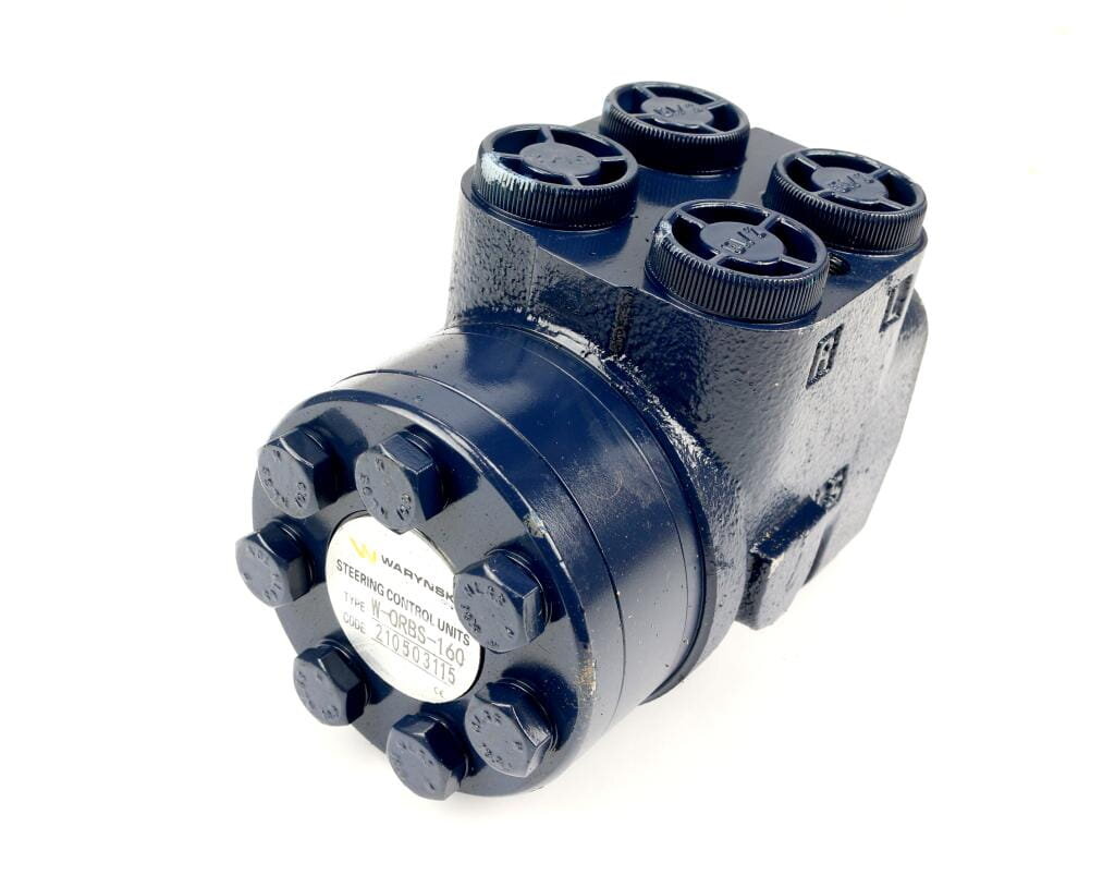 Na zdjęciu znajduje się ciemnoniebieski orbitrol hydrauliczny z kilkoma zaworami na górze. Na etykiecie widoczny jest tekst: \'WARYŃSKI STEERING CONTROL UNITS TYPE: W-ORBS-160\'.
