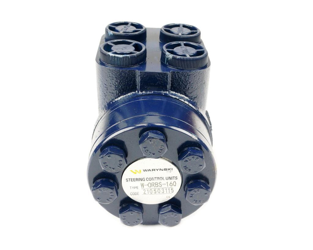 Na zdjęciu znajduje się niebieski orbitrol hydrauliczny z widocznymi śrubami na górze i etykietą z napisem: \'WARYŃSKI STEERING CONTROL UNITS TYPE W-ORBS-160 CODE 210503115\'.