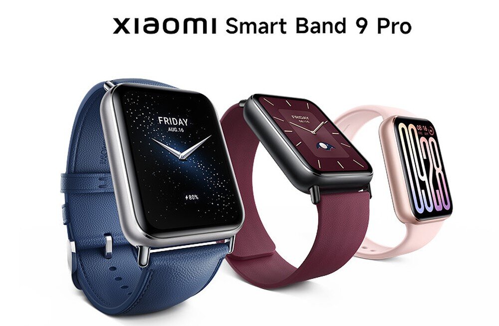 Na obrazie widoczne są trzy smartbandy z różnymi tarczami i paskami w kolorach niebieskim, bordowym i różowym. Nad nimi znajduje się napis \'XIAOMI Smart Band 9 Pro\'.