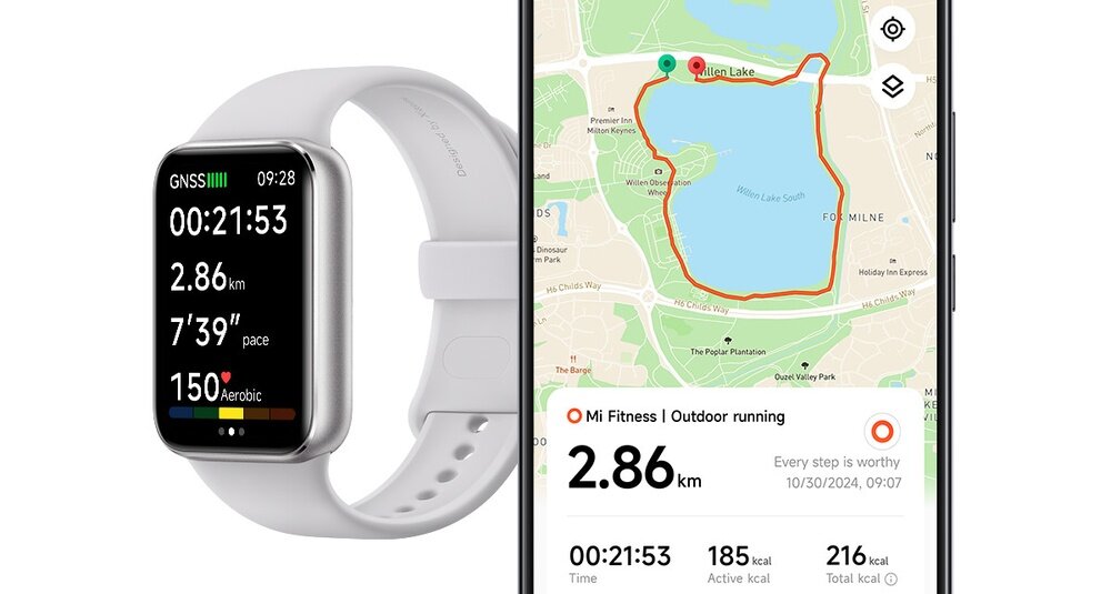 Na obrazie widoczny jest smartband z wyświetlaczem pokazującym dane dotyczące biegu, takie jak czas, dystans i tempo. Obok znajduje się smartfon z mapą trasy biegu oraz szczegółami aktywności fizycznej.