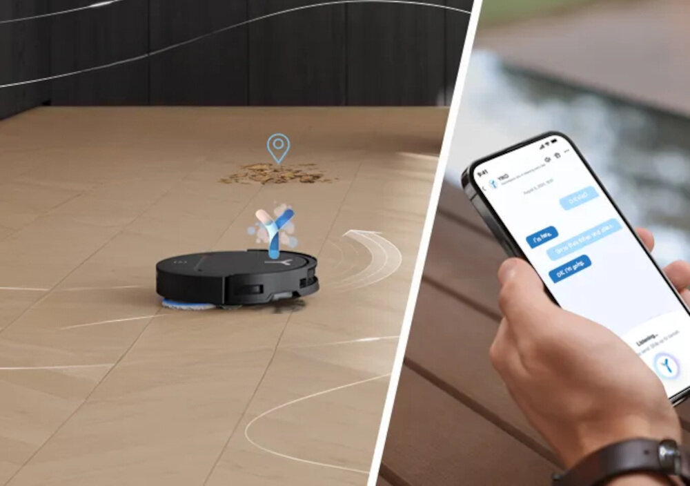 Obraz przedstawia czarnego robota sprzątającego na podłodze z rozsypanymi okruchami oraz osobę trzymającą smartfon z otwartą aplikacją do sterowania robotem.