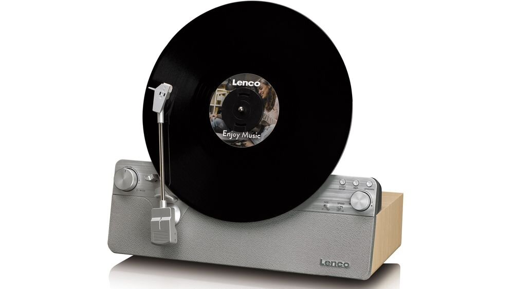 Gramofon z czarną płytą winylową na szarej podstawie z widocznym logo \'Lenco\'. Na płycie widoczny jest napis \'Enjoy Music\'.
