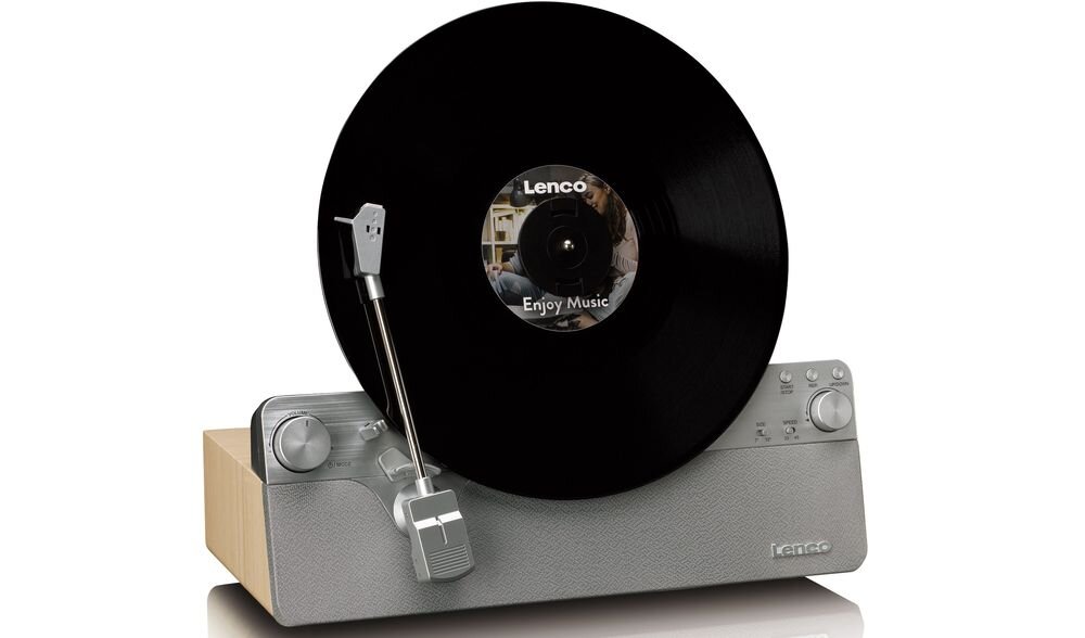 Gramofon z czarną płytą winylową na srebrnej podstawie z widocznym logo \'Lenco\'. Na płycie znajduje się napis \'Enjoy Music\'.
