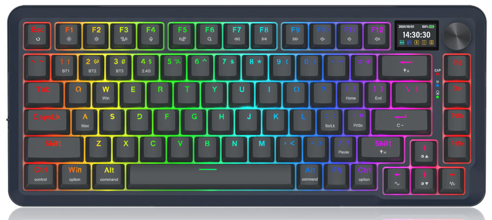 Klawiatura mechaniczna z podświetleniem RGB, posiadająca klawisze funkcyjne F1-F12 oraz dodatkowy wyświetlacz pokazujący godzinę 14:30:30. Klawisze są oznaczone różnymi kolorami, a obudowa jest ciemna.