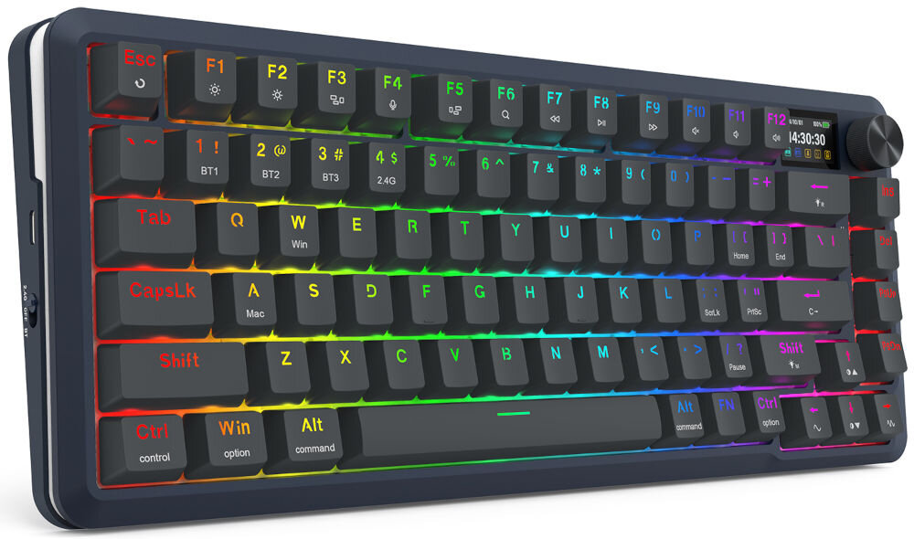 Klawiatura mechaniczna z podświetleniem RGB, posiada klawisze funkcyjne oznaczone od F1 do F12 oraz pokrętło w prawym górnym rogu. Na wyświetlaczu widoczny jest czas 14:30:30.