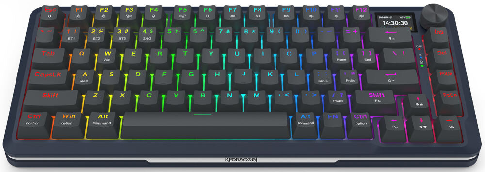 Klawiatura mechaniczna z podświetleniem RGB, posiada klawisze z oznaczeniami w różnych kolorach. Na obudowie widoczne jest logo \'REDRAGON\'.
