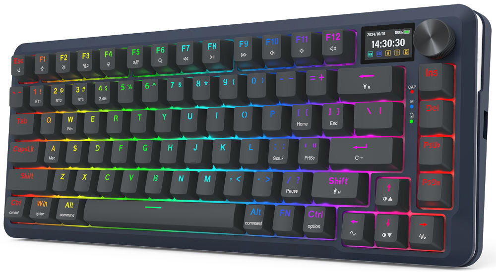 Klawiatura mechaniczna z podświetleniem RGB, posiadająca klawisze funkcyjne oraz pokrętło w prawym górnym rogu. Na wyświetlaczu widoczny jest czas 14:30:30 oraz data 2023/10/01.