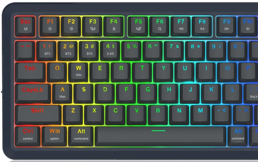 Klawiatura z podświetleniem RGB, z klawiszami funkcyjnymi oznaczonymi od F1 do F12. Klawisze mają różne kolory podświetlenia, a na niektórych widoczne są dodatkowe oznaczenia, takie jak BT1, BT2, BT3, 2.4G.