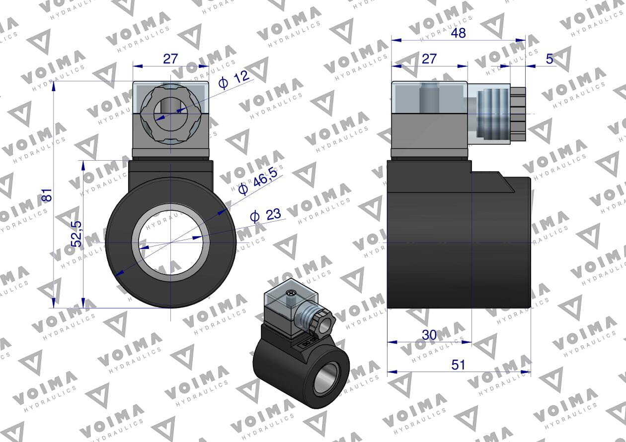 Rysunek techniczny przedstawia cewkę do rozdzielacza z wymiarami: 81 mm wysokości, 52,5 mm średnicy zewnętrznej, 46,5 mm średnicy wewnętrznej oraz 23 mm średnicy otworu. Na tle widoczne jest powtarzające się logo \'VOIMA HYDRAULICS\'.