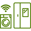 Ikona przedstawia stylizowane rysunki pralki z symbolem Wi-Fi oraz lodówki. Oba urządzenia są w kolorze zielonym na przezroczystym tle.
