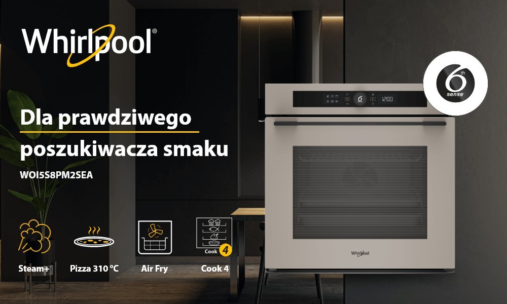 Obraz przedstawia piekarnik elektryczny w kolorze szampańskim z logo Whirlpool. Widoczny jest tekst: \'Dla prawdziwego poszukiwacza smaku WOI5S8PM2SEA\' oraz ikony funkcji: Steam+, Pizza 310°C, Air Fry, Cook 4 i 6th sense.