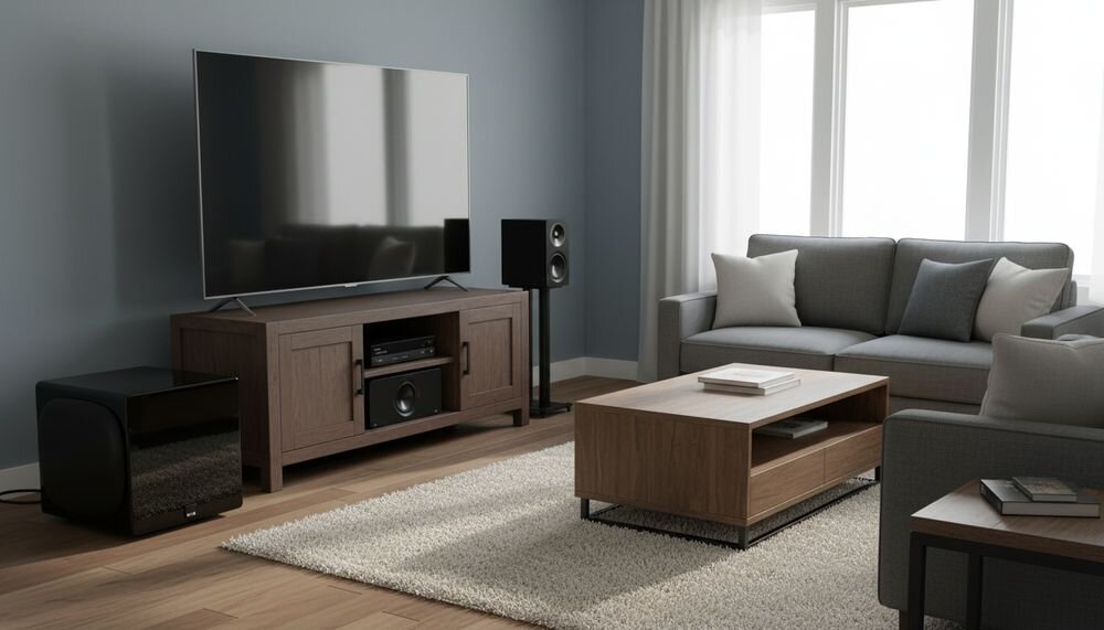 SVS 3000 Micro R Evolution dwa aktywne przetworniki 9 cali układ przeciwsobny pasmo 20–230 Hz, subwoofer stojący na podłodze w pomieszczeniu