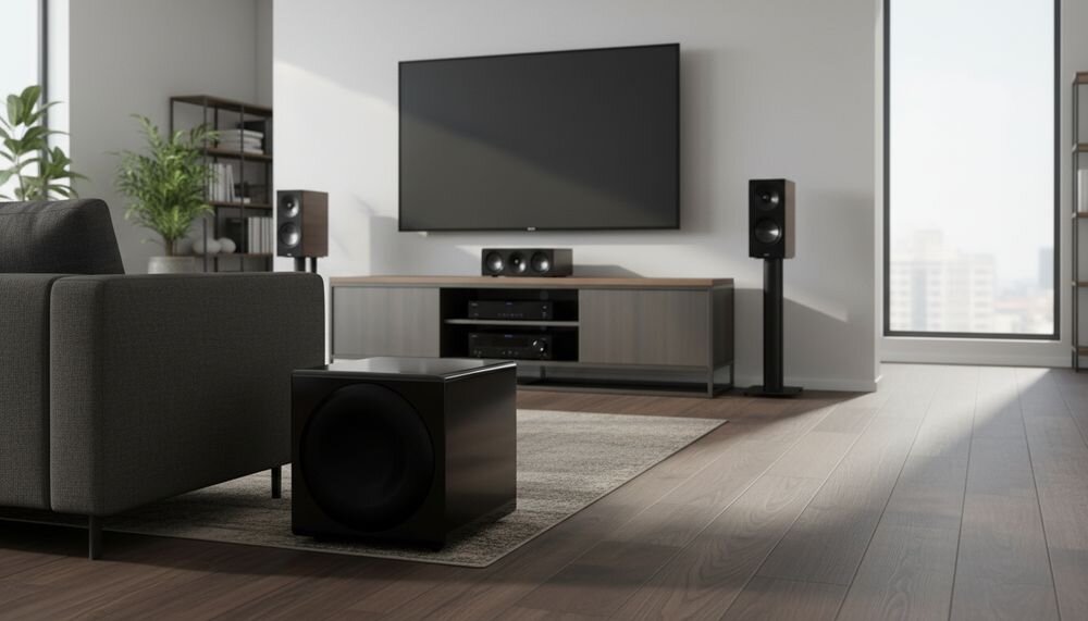 SVS 3000 Micro R Evolution wzmacniacz STA-1200D2 1200 W RMS 4000 W mocy szczytowej MOSFET, subwoofer stojący na podłodze w pomieszczeniu