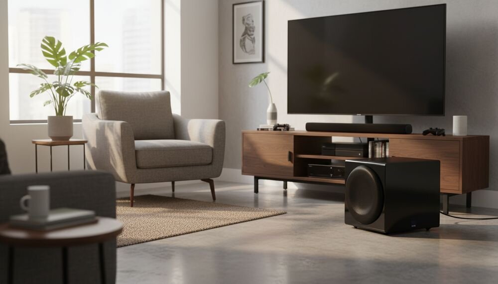SVS 3000 Micro R Evolution procesor DSP Analog Devices 295 MHz 56 bit pasmo 20–230 Hz, subwoofer stojący na podłodze w pomieszczeniu