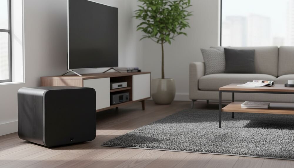 SVS SB-3000 R Evolution aktywny subwoofer 13 cali 1200 W głęboki bas, urządzenie stojące na podłodze w pomieszczeniu