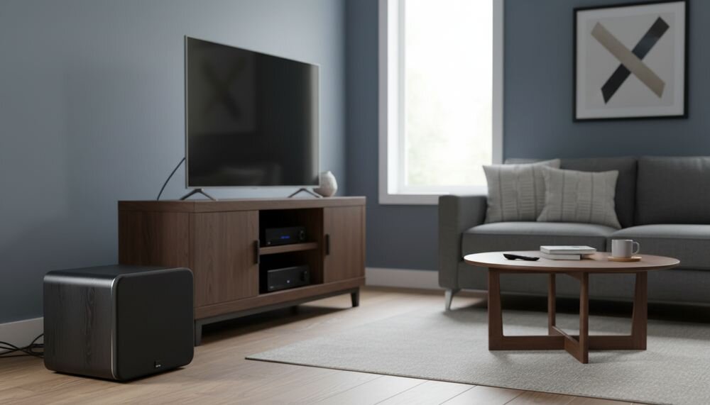 SVS SB-3000 R Evolution zamknięta obudowa MDF wzmocnienia izolacja akustyczna zwarty bas, urządzenie stojące na podłodze w pomieszczeniu