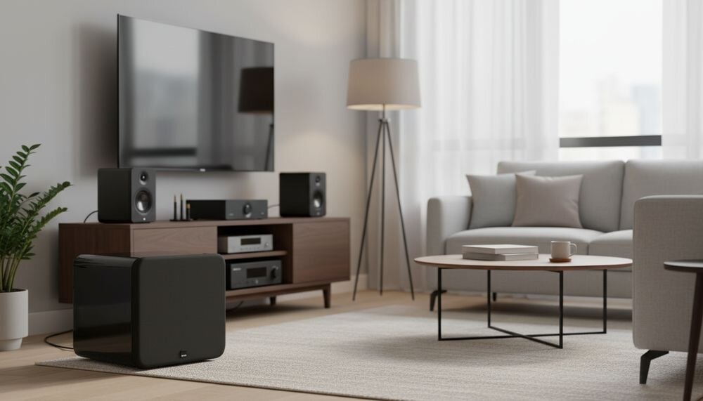 SVS SB-3000 R Evolution zamknięta obudowa MDF wzmocnienia izolacja akustyczna zwarty bas, urządzenie stojące na podłodze w pomieszczeniu
