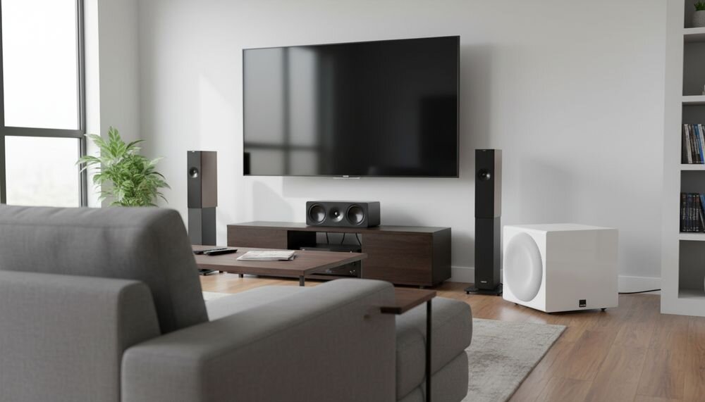 SVS 3000 Micro R Evolution wzmacniacz STA-1200D2 1200 W RMS 4000 W mocy szczytowej MOSFET, subwoofer stojący na podłodze w pomieszczeniu
