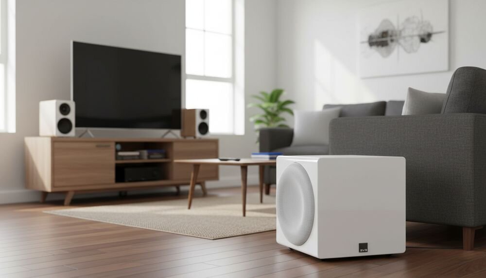 SVS 3000 Micro R Evolution procesor DSP Analog Devices 295 MHz 56 bit pasmo 20–230 Hz, subwoofer stojący na podłodze w pomieszczeniu