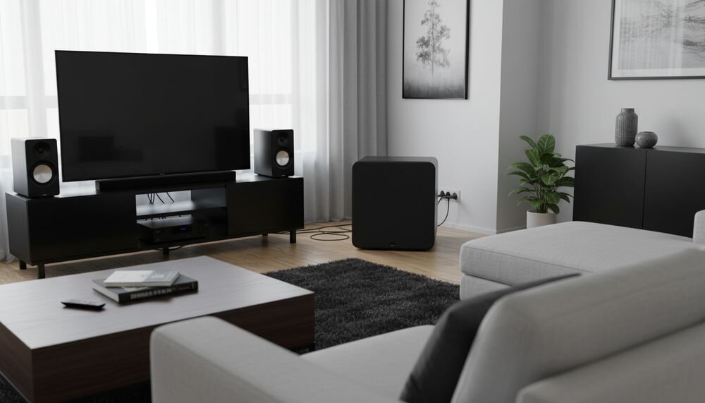 Subwoofer SVS PB-3000 R Evolution bas o dużej skali konstrukcja Bass Reflex, subwoofer stojący na podłodze w pomieszczeniu