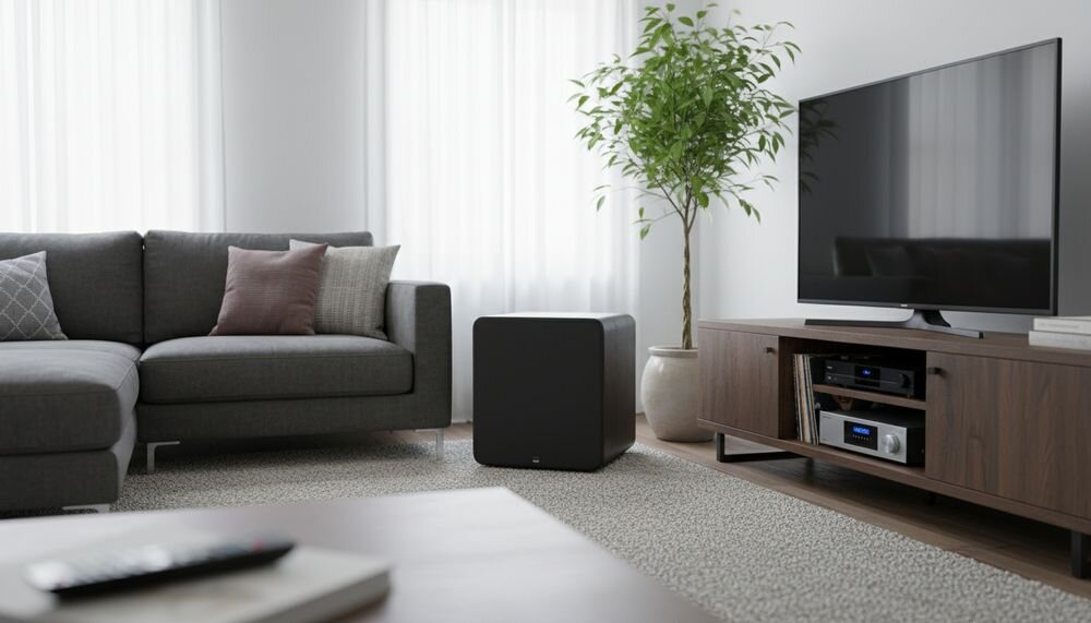Subwoofer SVS PB-3000 R Evolution DSP Analog Devices 295 MHz aplikacja SVS PEQ Auto Room EQ, subwoofer stojący na podłodze w pomieszczeniu