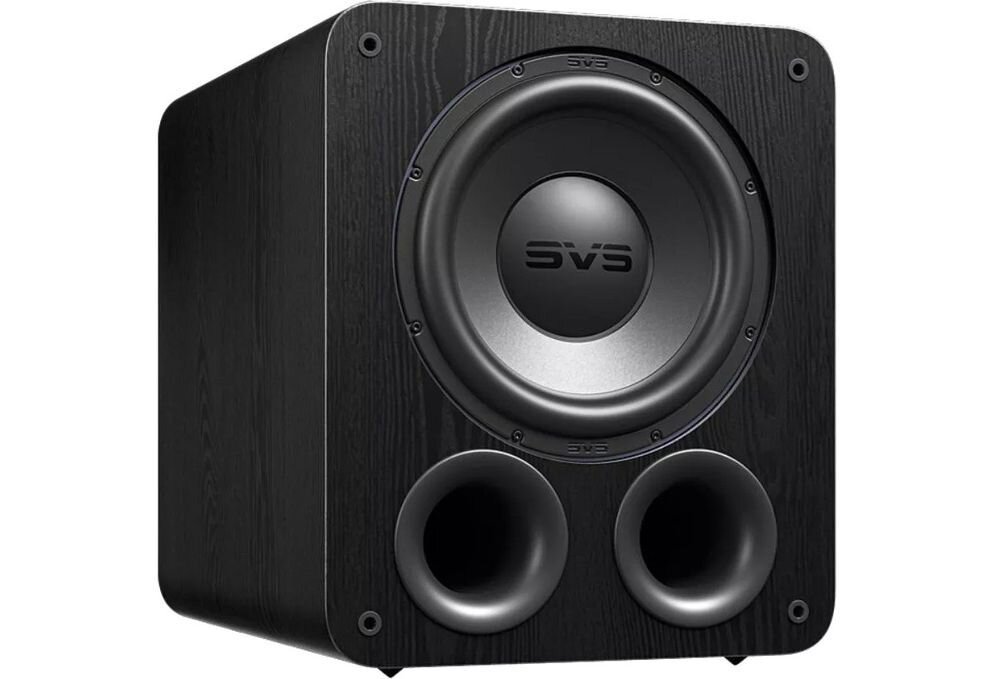 Subwoofer SVS PB-3000 R Evolution obudowa MDF wewnętrzne wzmocnienia 38,6 kg czarne wykończenie, subwoofer na białym tle