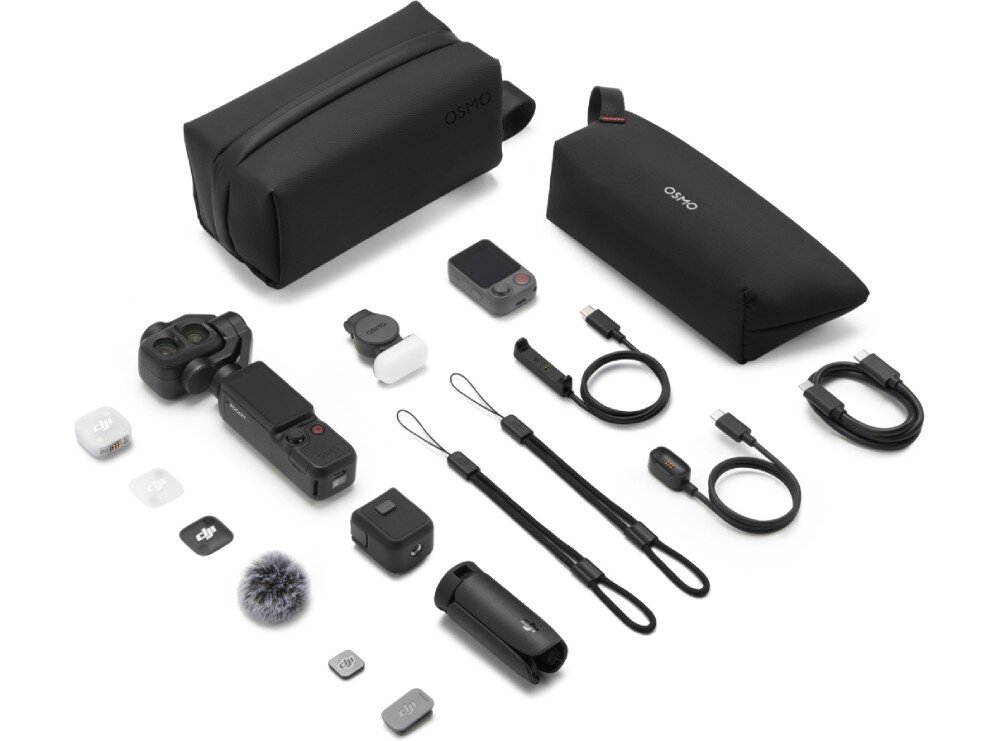 Kamera sportowa DJI Osmo Pocket 4P Widok z góry na rozłożoną kamerę z gimbalem, przewód, smycz, adaptery oraz czarne etui z napisem 'OSMO'