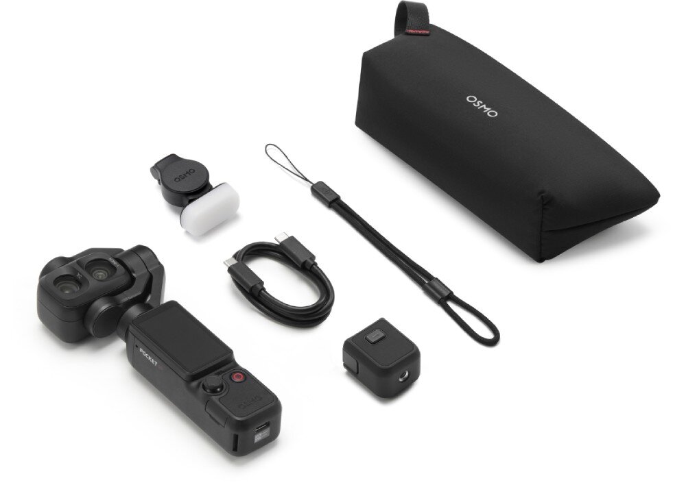 Kamera sportowa DJI Osmo Pocket 4P Widok z góry na rozłożoną kamerę z gimbalem, przewód, smycz, adaptery oraz czarne etui z napisem 'OSMO'