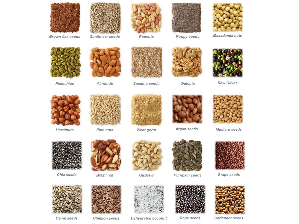 Obraz przedstawia 24 różne rodzaje nasion i orzechów, ułożone w siatce. Każdy kwadrat zawiera inny rodzaj, z podpisami takimi jak \'Brown flax seeds\', \'Sunflower seeds\', \'Peanuts\', \'Poppy seeds\', \'Macadamia nuts\', \'Pistachios\', \'Almonds\', \'Sesame seeds\', \'Walnuts\', \'Raw Olives\', \'Hazelnuts\', \'Pine nuts\', \'Wheat germ\', \'Argan seeds\', \'Mustard seeds\', \'Chia seeds\', \'Brazil nut\', \'Cashew\', \'Pumpkin seeds\', \'Grape seeds\', \'Hemp seeds\', \'Chimion seeds\', \'Dehydrated coconut\', \'Rape seeds\', \'Coriander seeds\'.
