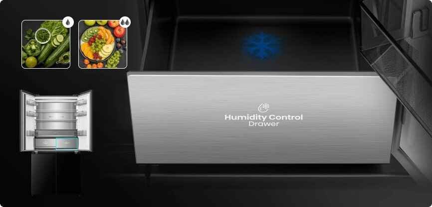 Obraz przedstawia wnętrze lodówki z szufladą oznaczoną napisem \'Humidity Control Drawer\'. Obok widoczne są dwa zdjęcia przedstawiające warzywa i owoce oraz schemat lodówki z zaznaczoną szufladą.