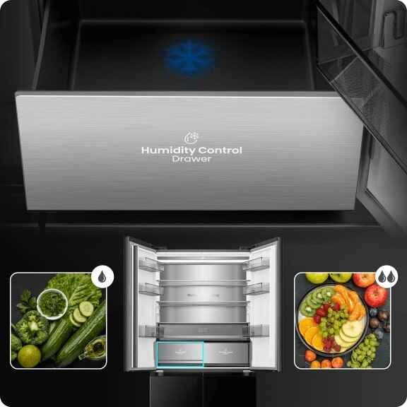 Obraz przedstawia wnętrze lodówki z szufladą oznaczoną napisem \'Humidity Control Drawer\'. Wokół lodówki znajdują się zdjęcia warzyw i owoców z ikonami kropli wody, sugerującymi kontrolę wilgotności.