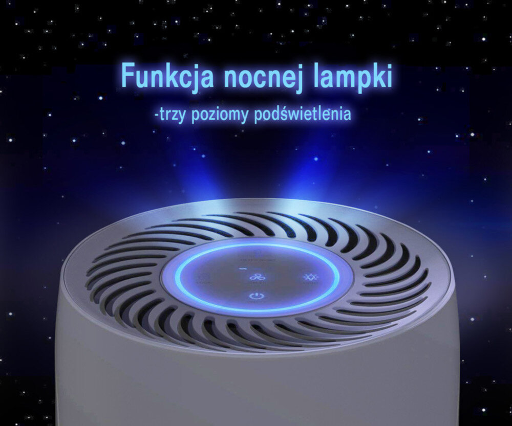 Oczyszczacz powietrza z podświetlanym panelem sterowania, otoczony ciemnym tłem z gwiazdami. Tekst na obrazie: \'Funkcja nocnej lampki - trzy poziomy podświetlenia\'.